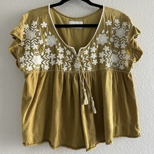 Lucky Brand Top XL Embroidered Floral Yellow Babydoll Boho Hippie Peasant